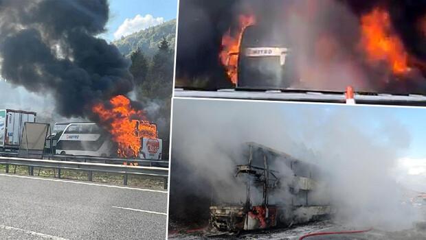 Düzce’de 2 katlı yolcu otobüsü, alev alev yandı